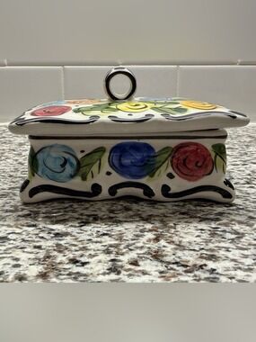 Vintage Macy's Hand Painted Ceramic Trinket Box Lid Floral Made in Portugal
